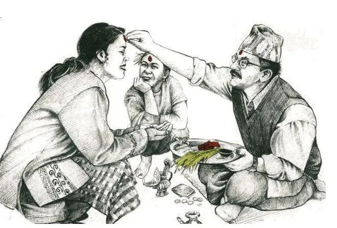 Putting tika as blessing from older to younger people